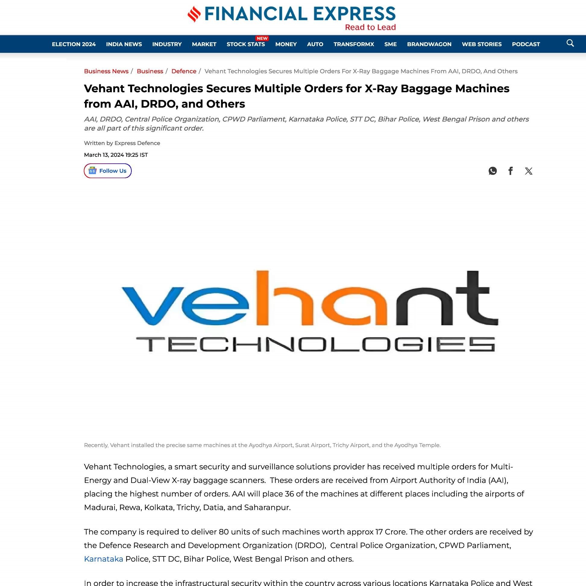Vehant Technologies Secures Multiple Orders for X-Ray Baggage Machines from AAI, DRDO, and Others
